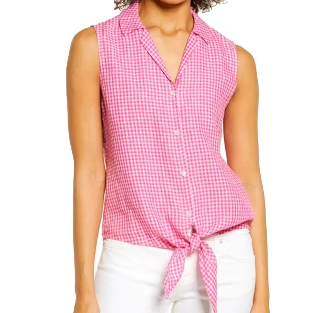 Tommy Bahama Size Small Blouse 100% Linen Shirt Top Check Gingham Tie Pink NEW